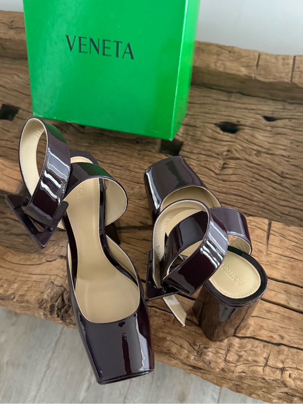 BOTTEGA VENETA Patent Platform Block Heel Ankle-Strap Pumps - Dark Brown - Picture 8 of 15